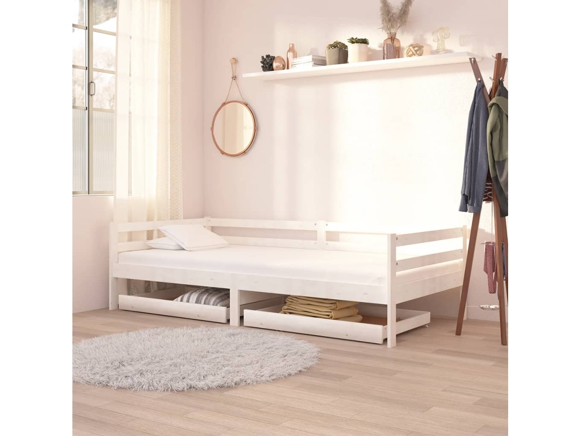 Sofá cama de 2 piezas con cajones, madera maciza de pino, color blanco