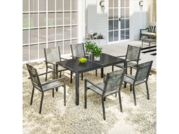 Mesa De Jardim Externa Com 6 Cadeiras Empilháveis, Bandeja Ripada 150 Cm, Estrutura Aço Antiferrugem, Preto