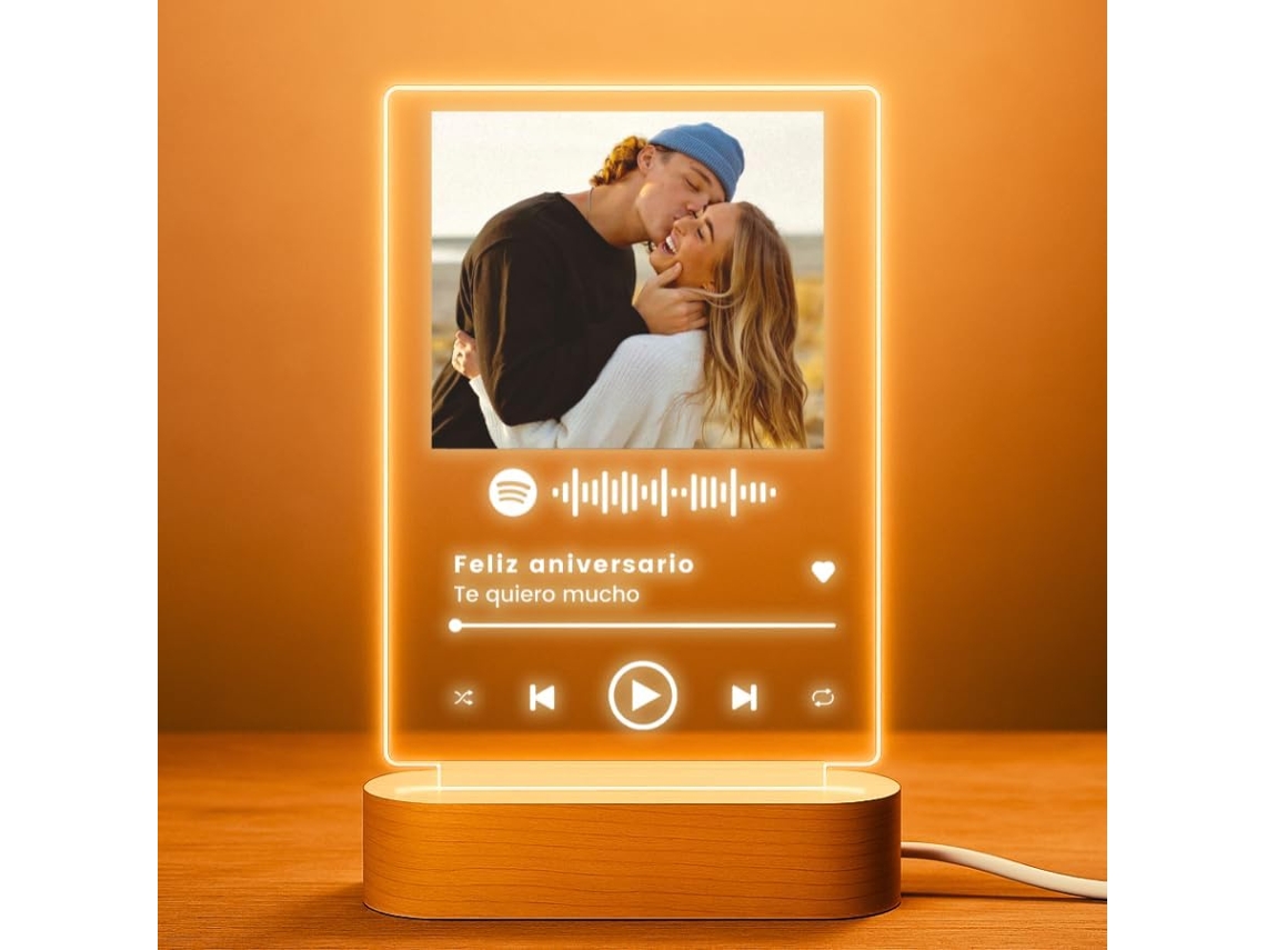 Lâmpada Personalizada Com Foto E Código Spotify Com Base De Madeira E Led