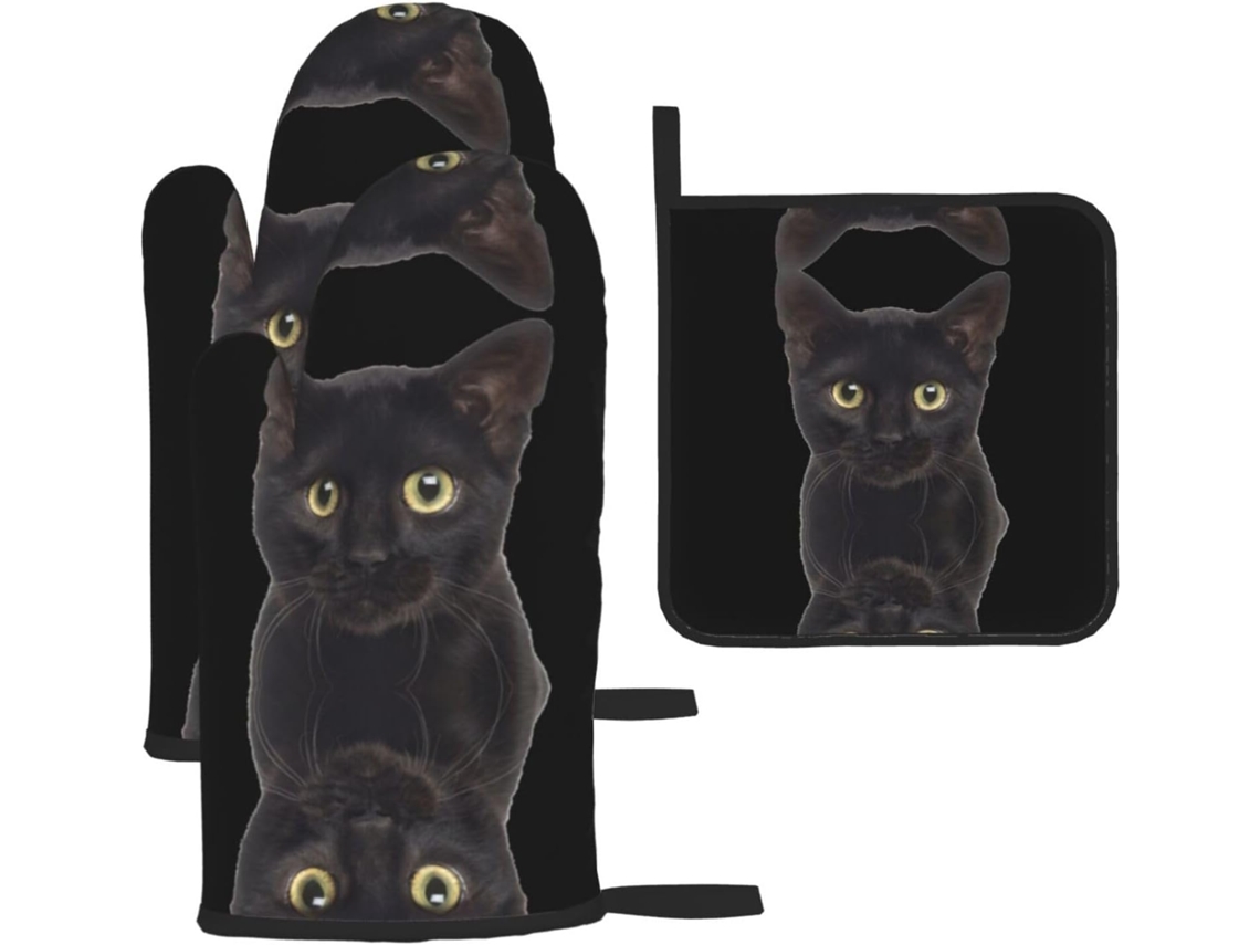 Conjunto De 3 Luvas Forno Com Prendedores Para Churrasco, Estampa De Gato Preto