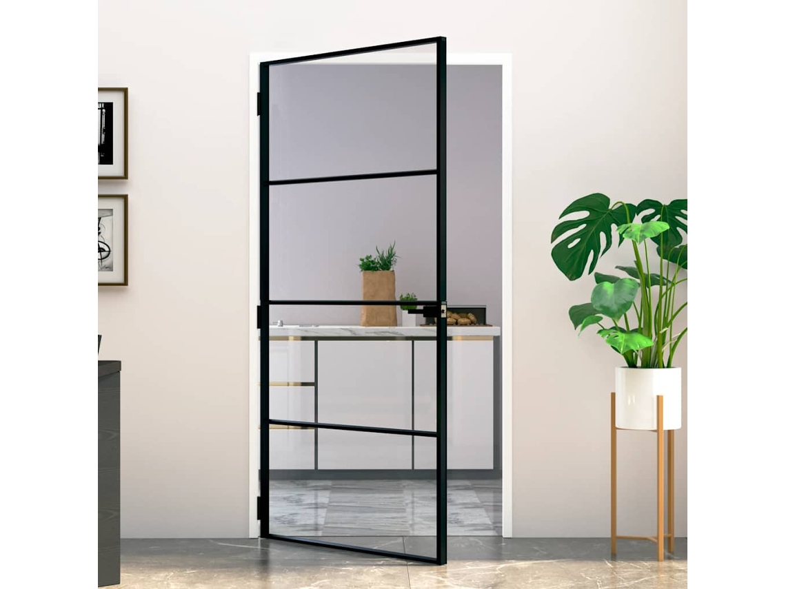 Vidaxl Porta Interior 102x201,5 Cm Vidro Temperado/alumínio Fino Preto