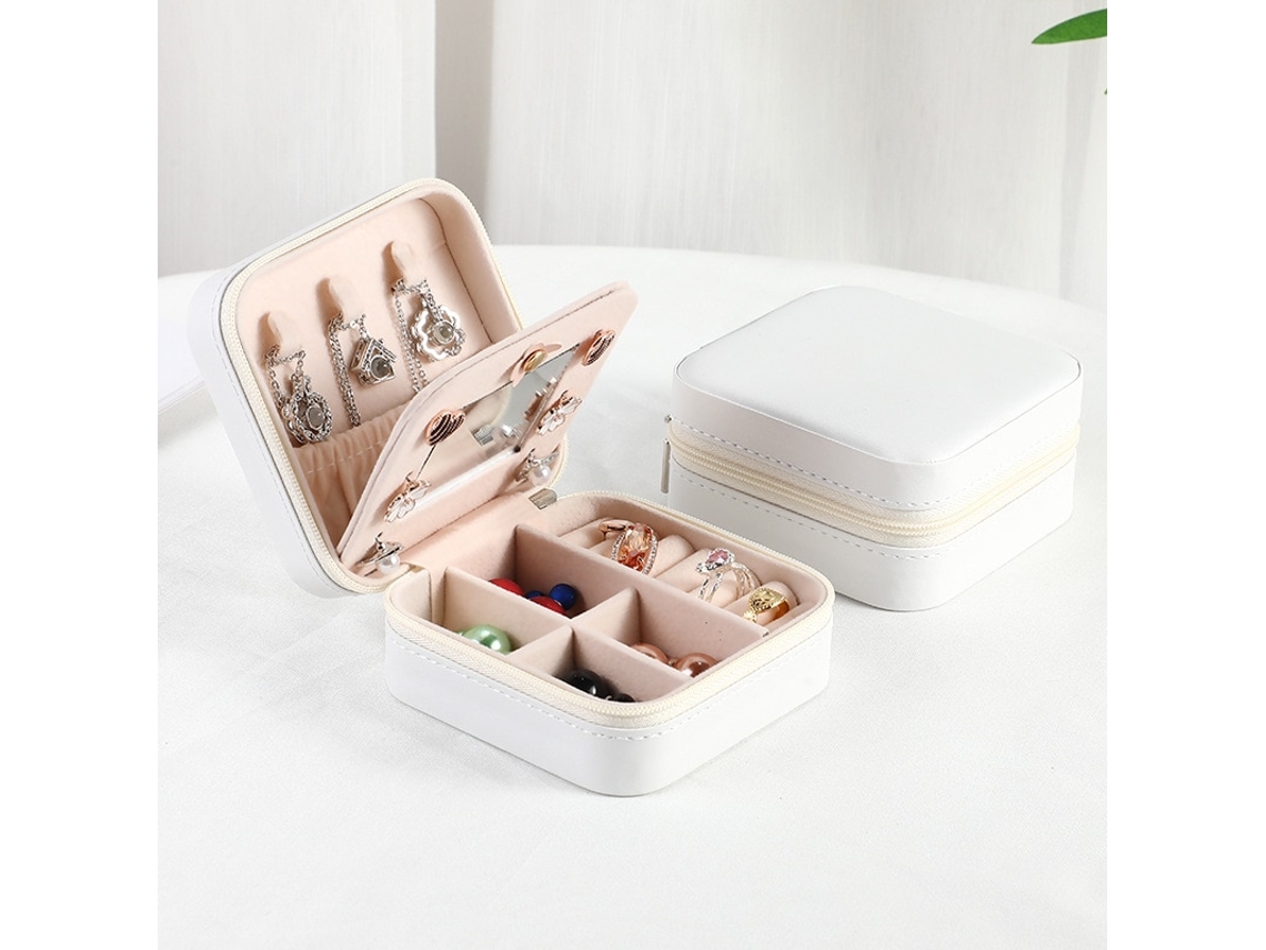 Caixa De Jóias Portátil Espelho Material Pu Interior De Tapete Tamanho Compacto