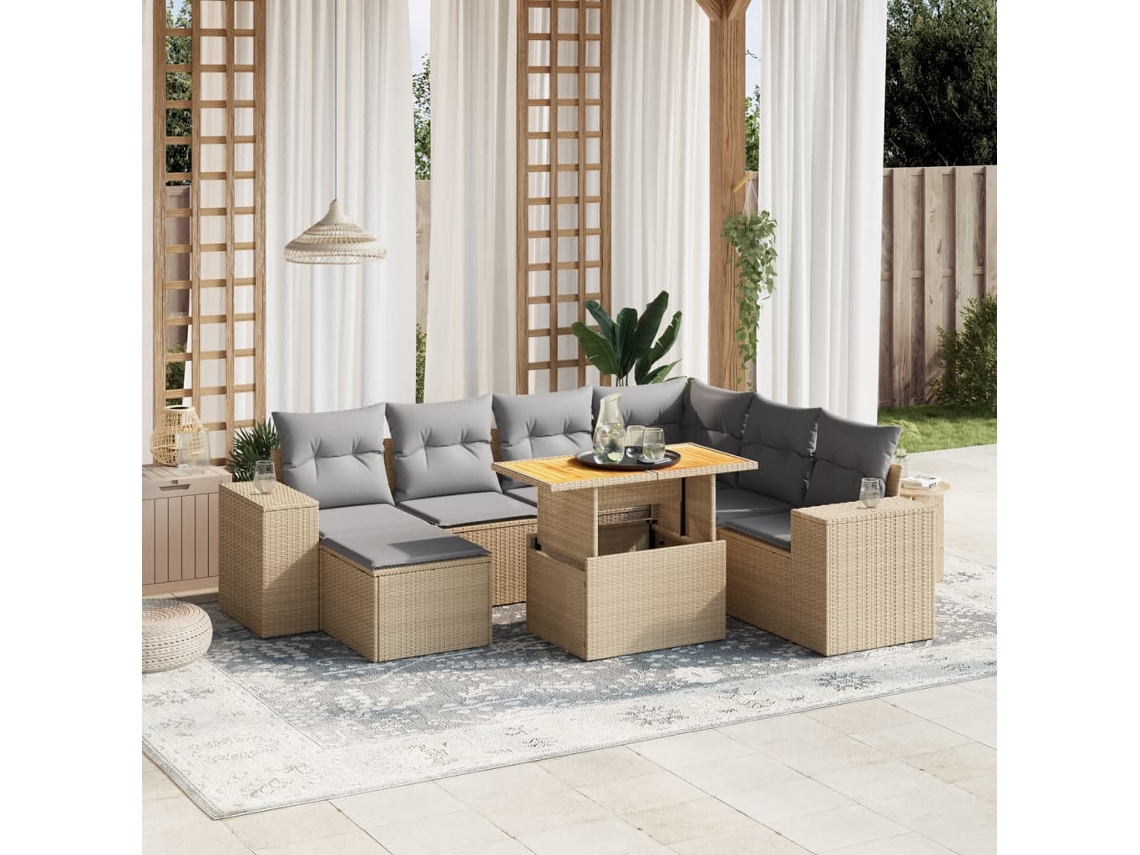 Vidaxl 8 Pcs Conjunto De Sofás P/ Jardim Com Almofadões Vime Pe Bege