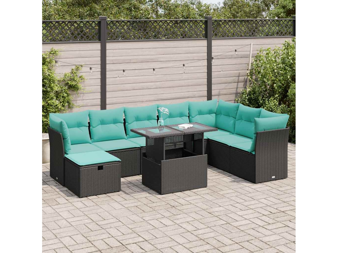 Vidaxl 9 Pcs Conjunto Sofás P/ Jardim Almofadões Vime Pe/acácia Preto