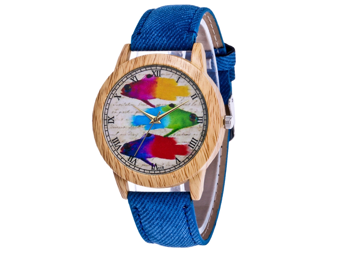 Reloj De Pareja Zhoulianfa Con Dial De Peces Coloridos Correa De Denim Azul