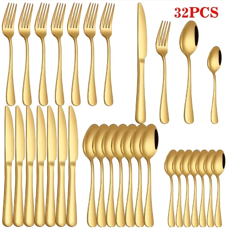 Conjunto De Talheres Elegantes (32 Peças), Com Acabamento Polido Espelhado, Incluindo Facas, Garfos E Colheres.