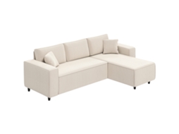 Sofá Com Espreguiçadeira 3 Lugares Em Tecido Efeito Veludo, Espuma E Nylon, 241x153x83cm, Branco Creme