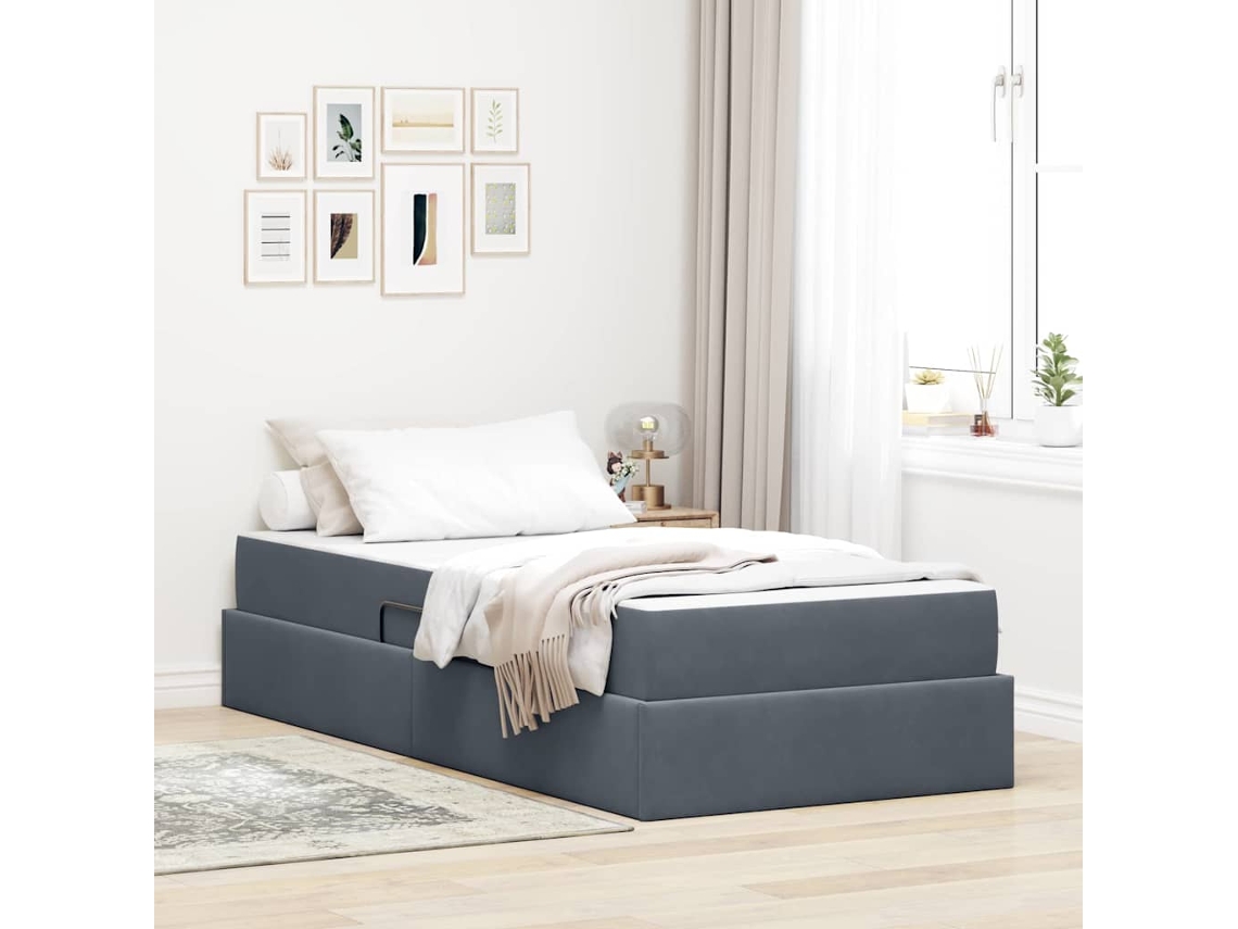 Vidaxl Cama Com Arrumação E Colchão Cinza Escuro 90 X 190 Cm Veludo