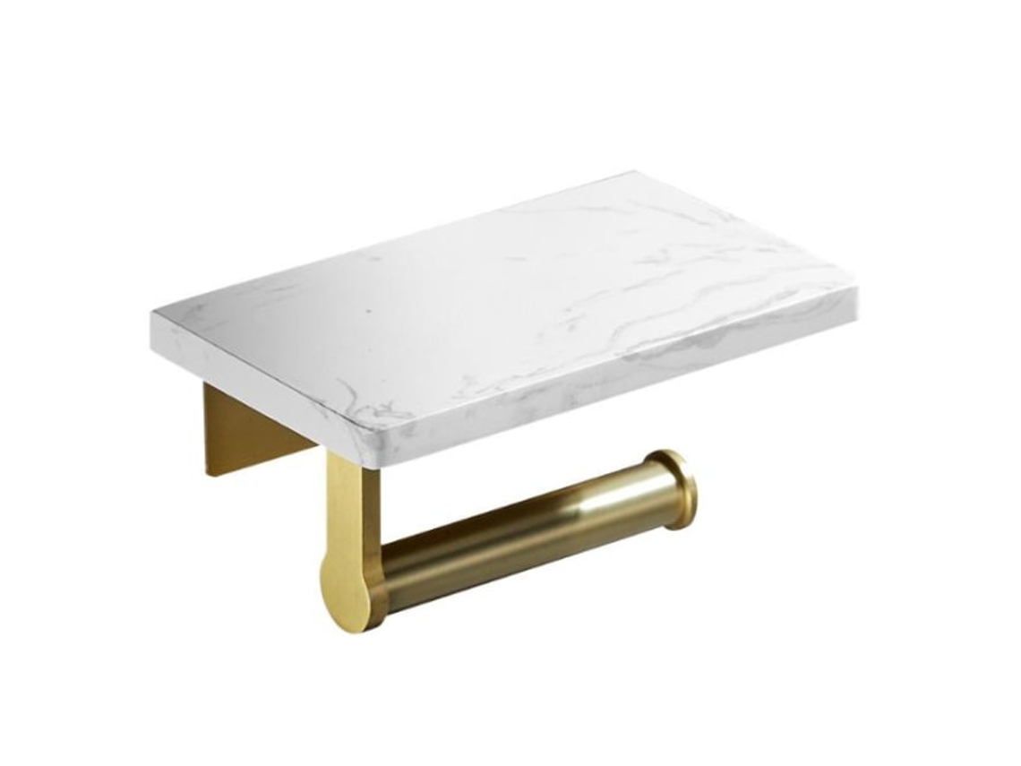 Porta papel Higiênico em Aço Inoxidável Dourado Escovado com Prateleira em Mármore Natural Branco AQUAFORGE