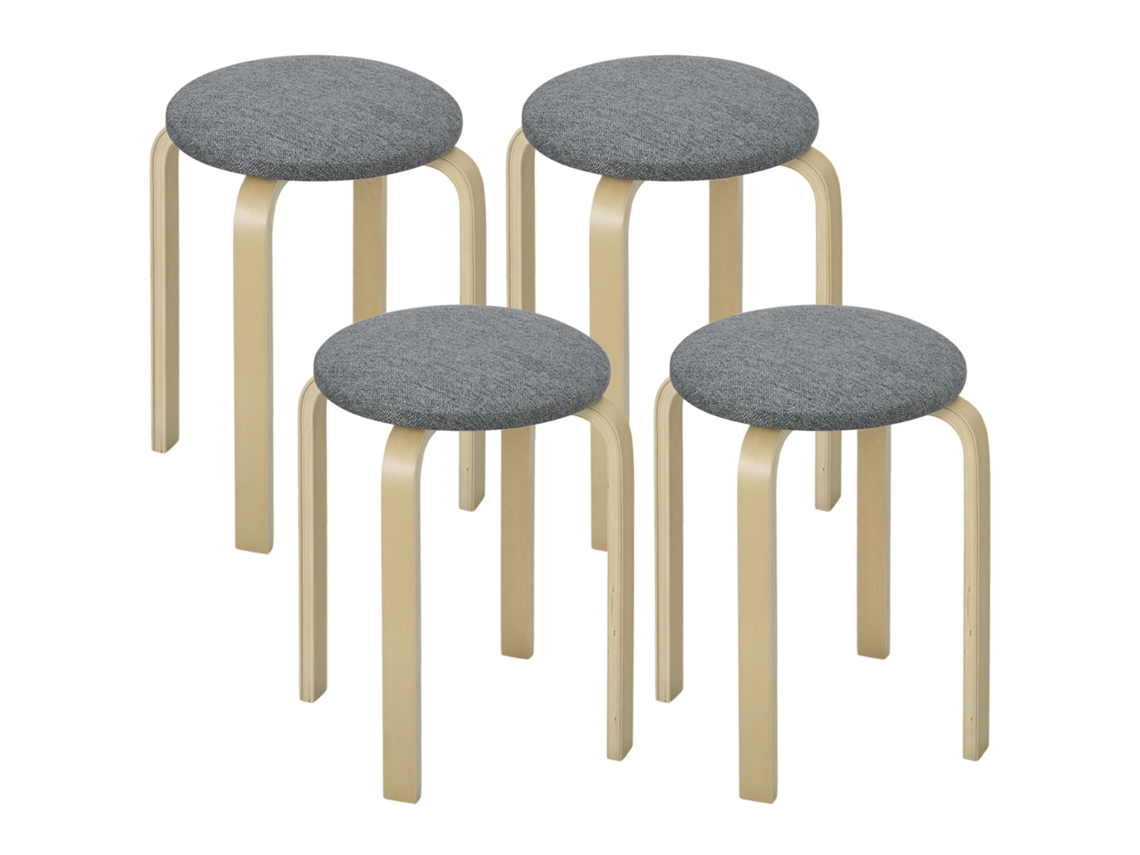 Conjunto de 4 Banquetas de Madeira Empilháveis, Assento Acolchoado, Cinza | S/MARCA