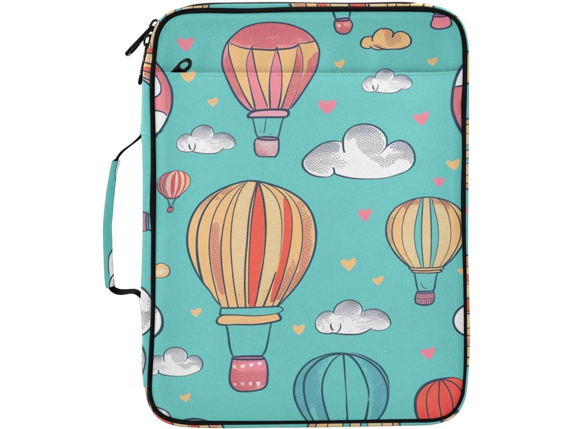Pasta Expansível Verde Com Estampa De Balões Ar Quente E Nuvens, Organizador Com 3 Argolas E 7 Bolsos Sanfonados