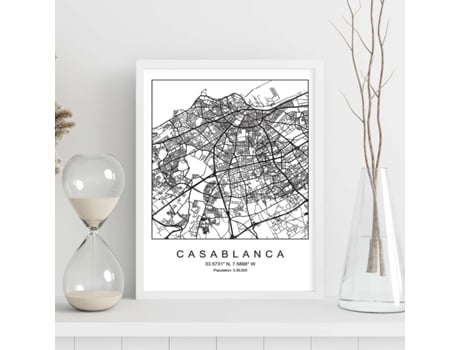 Póster NACNIC Mapa Do Estilo Nórdico da Cidade de Casablanca em Preto e Branco.
