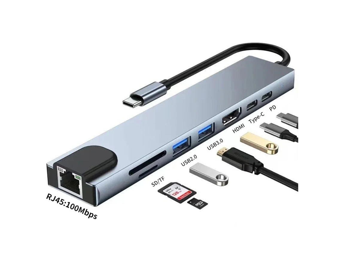 Hub Usb-c 8 Em 1, Com Ethernet 100mbps, Hdmi 4k, Usb 3.0, Leitor Sd/tf E Pd, Para Conexão Completa