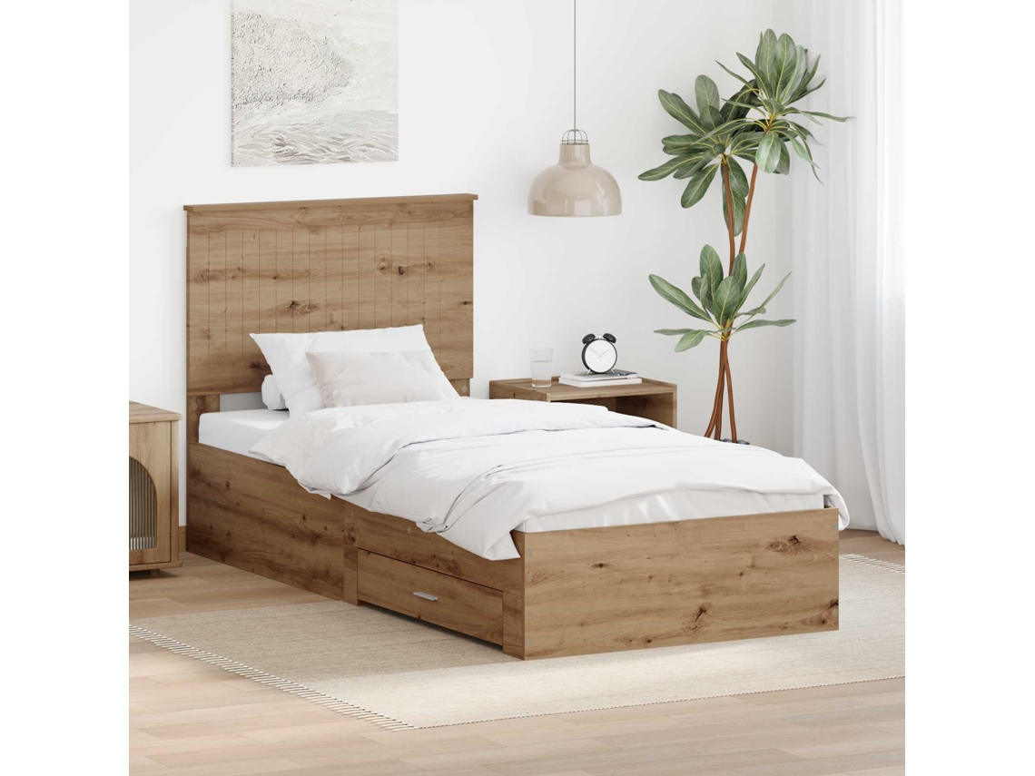 Vidaxl Estrutura Da Cama Com Gaveta Carvalho Artesanal 90 X 190 Cm