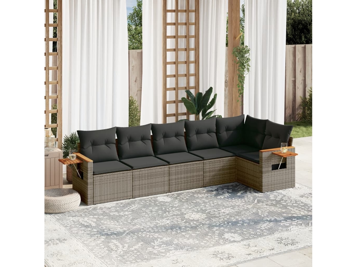 Vidaxl 6 Pcs Conjunto Sofás De Jardim Com Almofadões Vime Cinzento