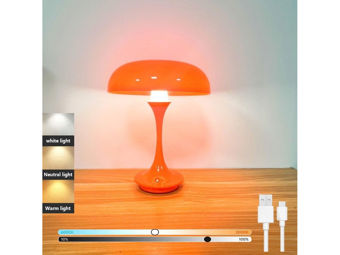 Luminária De Mesa Led Sem Fio Em Formato Cogumelo, Com Ajuste Por Toque, Bateria De 1200mah, 3 Temperaturas De Cor E Luz