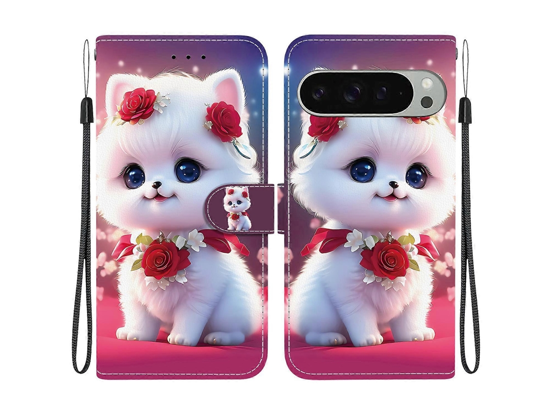 Capa De Couro Tkdaddy Para Google Pixel 9 Pro / Pixel 9 Com Suporte, Carteira, Estampa, Capa De Celular Com Alça De Pulso, Gato Rosa