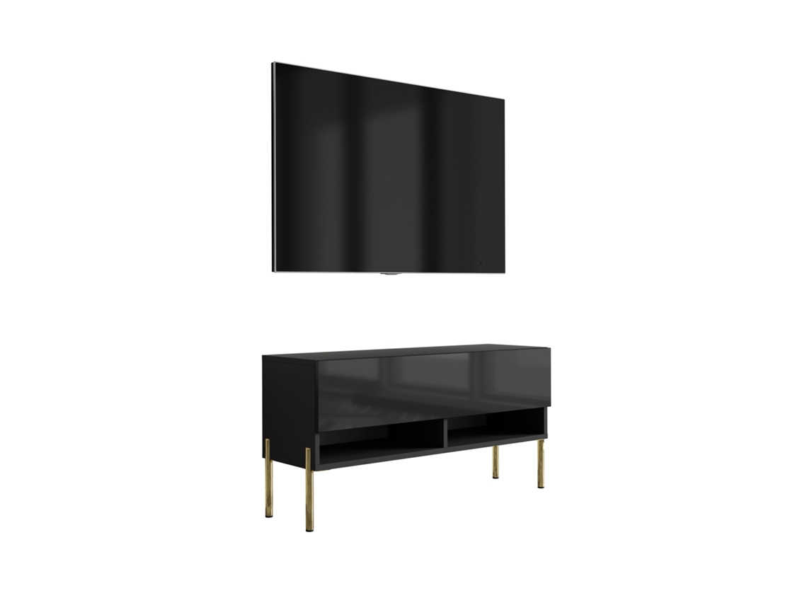 Suporte De Tv 100 Cm Preto Fosco / Preto Brilhante, Pernas Retas Douradas, 100 × 32 × 52 Cm 3E 3XE LIVING.COM