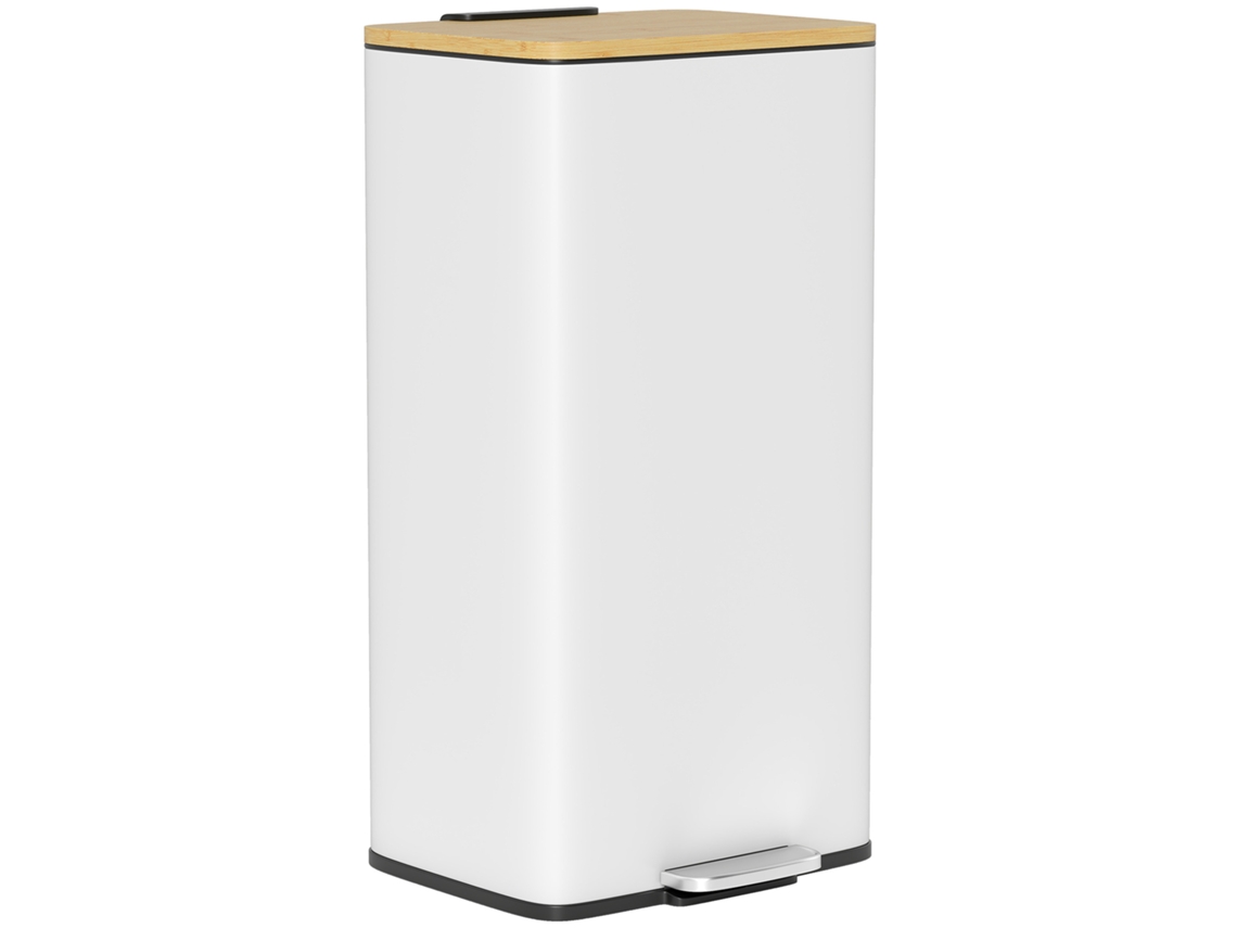 Balde De Lixo Metal E Bambu Cor Branco 29,5x29,5x56,8 Cm Homcom