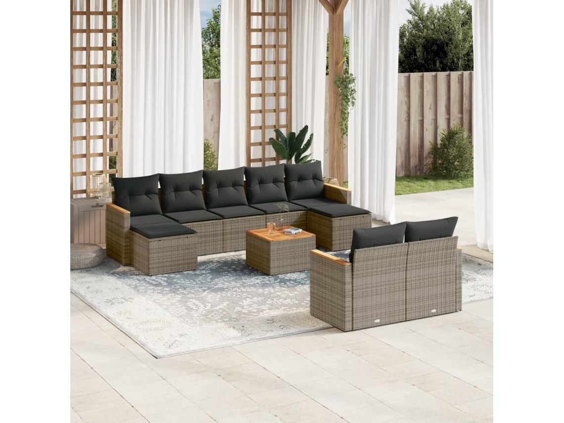 Vidaxl 10 Pcs Conjunto Sofás De Jardim C/ Almofadões Vime Pe Cinzento