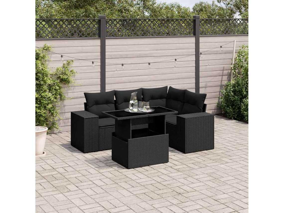 Vidaxl 5 Pcs Conjunto Sofás De Jardim Com Almofadões Vime Pe Preto