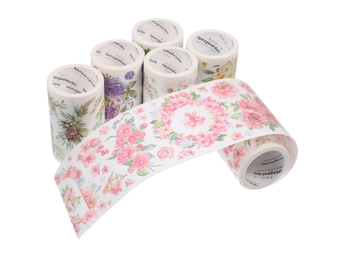 Fita adesiva decorativa Washi para artesanato e diários, estampa floral, 6 rolos de 2m, sem desperdício, material seguro.