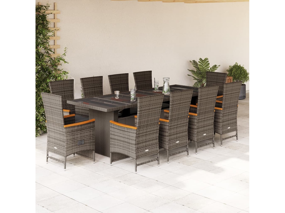 Vidaxl 11 Pcs Conjunto Jantar P/ Jardim C/ Almofadões Vime Pe Cinzento