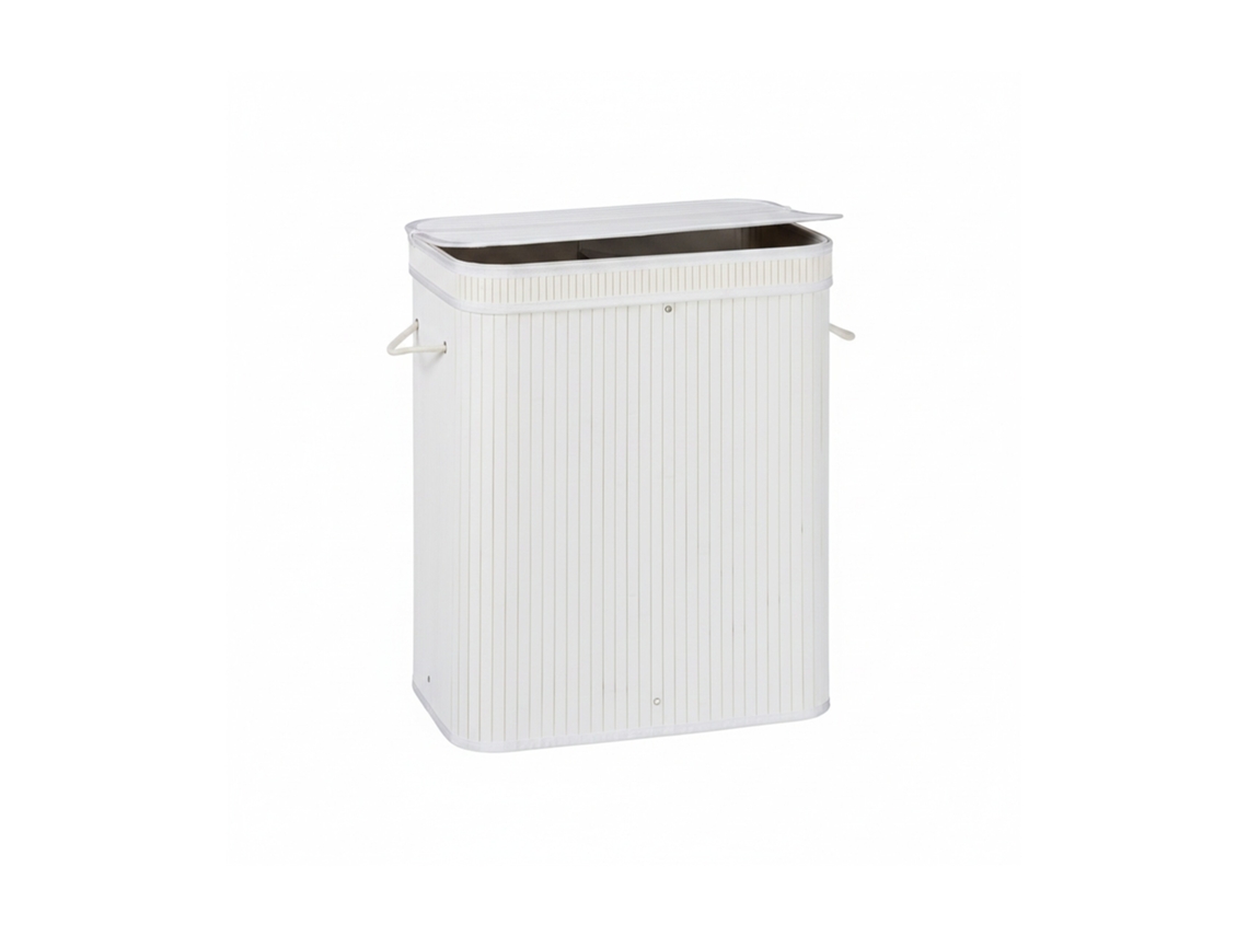 Relaxdays Cesto De Roupa Com Tampa, 2 Compart., Bambu, 100 L, Dobrável, Axlxp:60x52x32 Cm, Branco