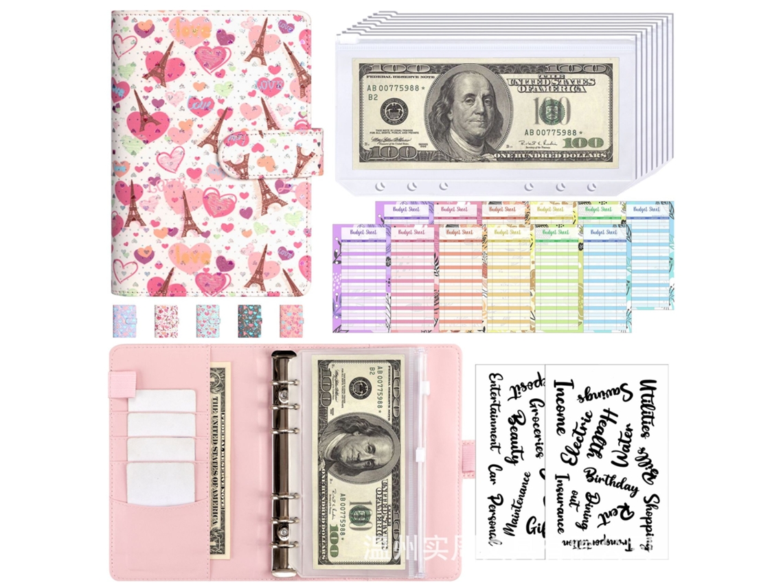A6 Love Tower Pu Ring Binder Notebook White Cover With 8-zipper Pockets, 12new Cash Budget Cards, And 2-english Stickers