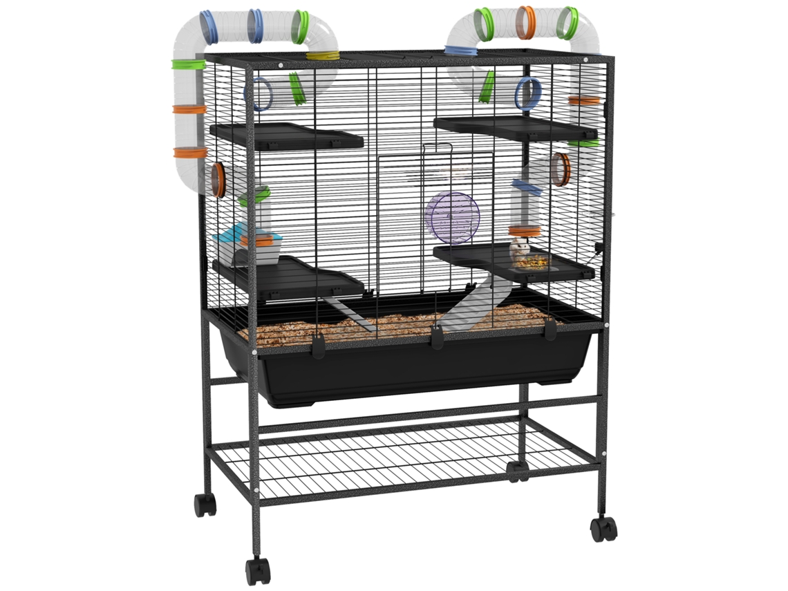 Gaiola Para Hamster Com Tubos, Roda De Exercícios, Casinha, Bebedouro, Área De Armazenamento, Preta.