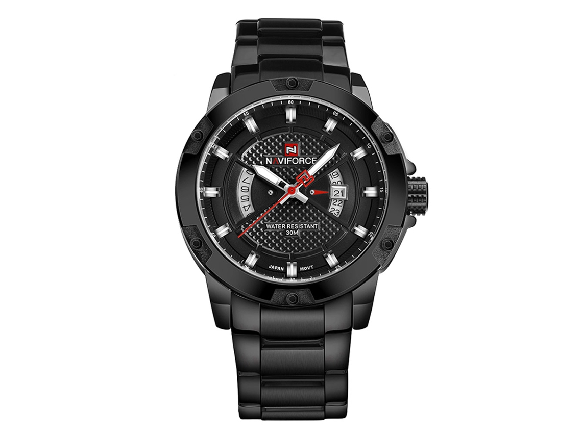 Relógio Masculino Naviforce À Prova D'água de Aço com Quartzo e Calendário Preto