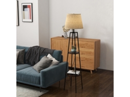 Luminária De Chão De 2 Níveis Em Metal E Mdf Com Cúpula De Tecido, Ø42x166 Cm, Preta E Marrom