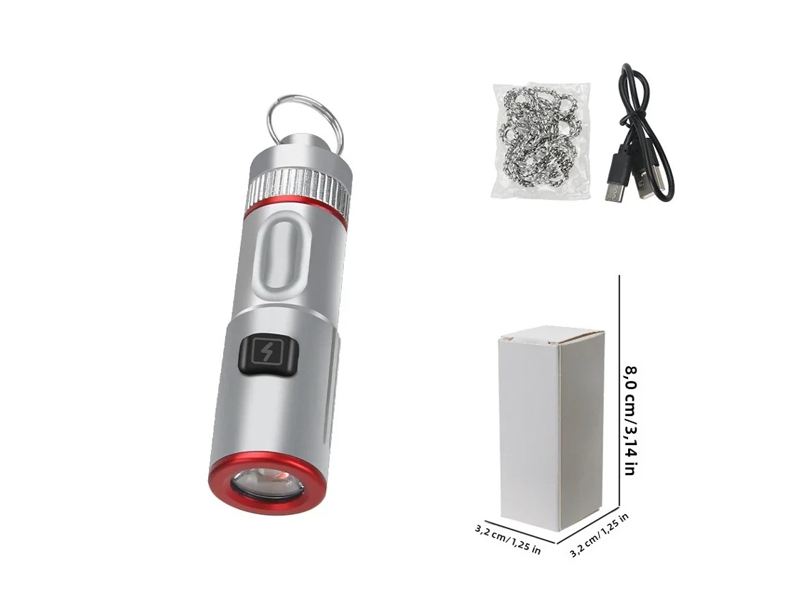 Lanterna Led Portátil Recarregável Via Usb (prateada) Com Chaveiro, À Prova D'água, De Bolso Em Liga De Alumínio.