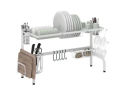 Escorredor de Louça de Aço, 2 Níveis, com Prateleira para Pratos, Suporte para Facas e Talheres, 100x30x54,5 Cm, Branco, ZENCORE SERVICES