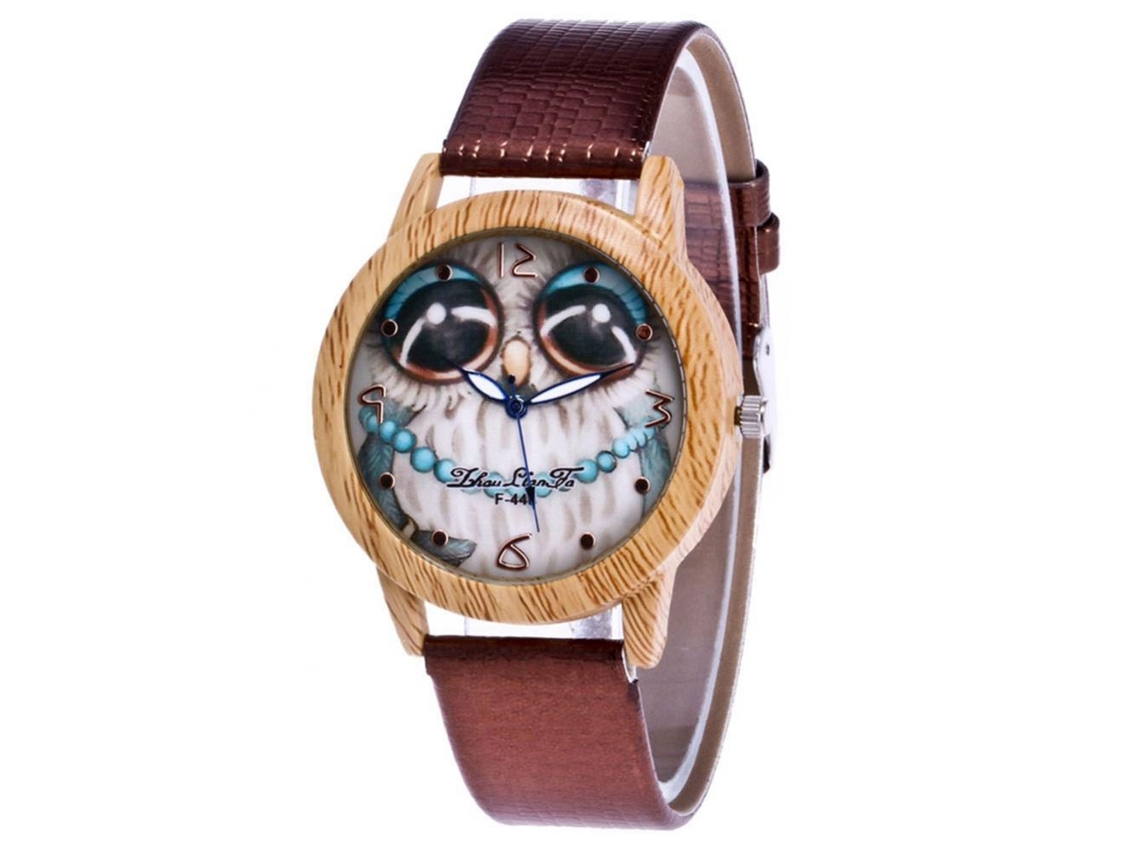 Relógio de quartzo com pulseira de PU, mostrador com desenho de coruja e caixa de madeira, Zhoulianfa F-448 Café