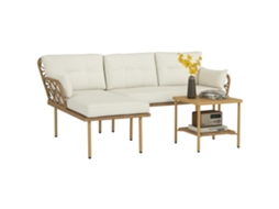 Conjunto de Jardim de 3 Peças com Chaise Longue. Sofá. Almofadas e Mesa de Centro. em Rattan e Aço. Branco Creme e Madeira Ge
