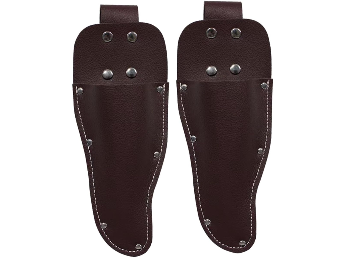 Couro Stojo para Tesoura Fomiyes, 2 peças, marrom, design protetor e elegante, ideal para jardinagem e uso diário.