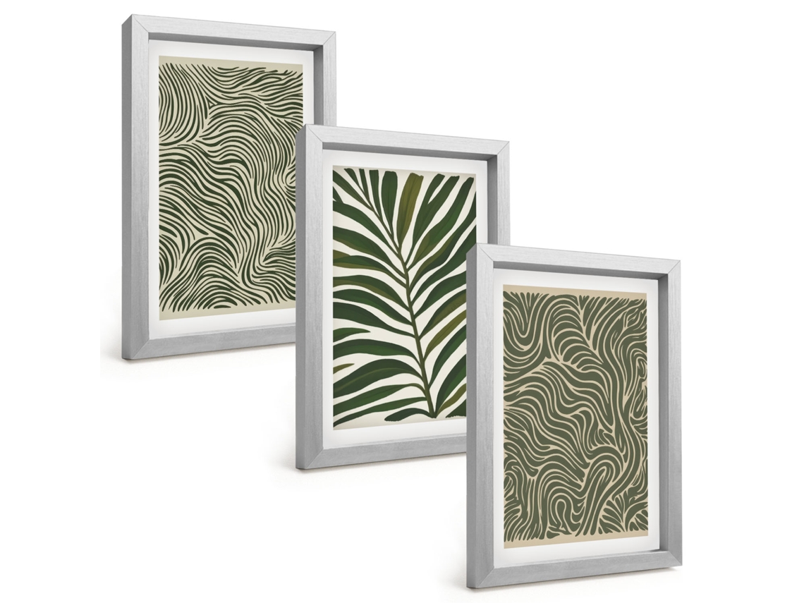 Composição De Quadros Padrões De Folhas Em Formas Onduladas Espelharte (3 Peças 20x30 Cm)