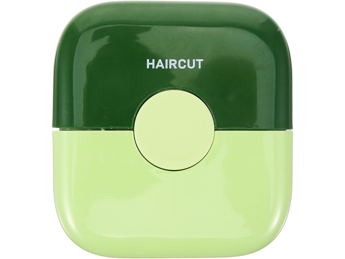 Máquina de cortar cabelo, ferramenta simples e delicada, portátil, em plástico verde.