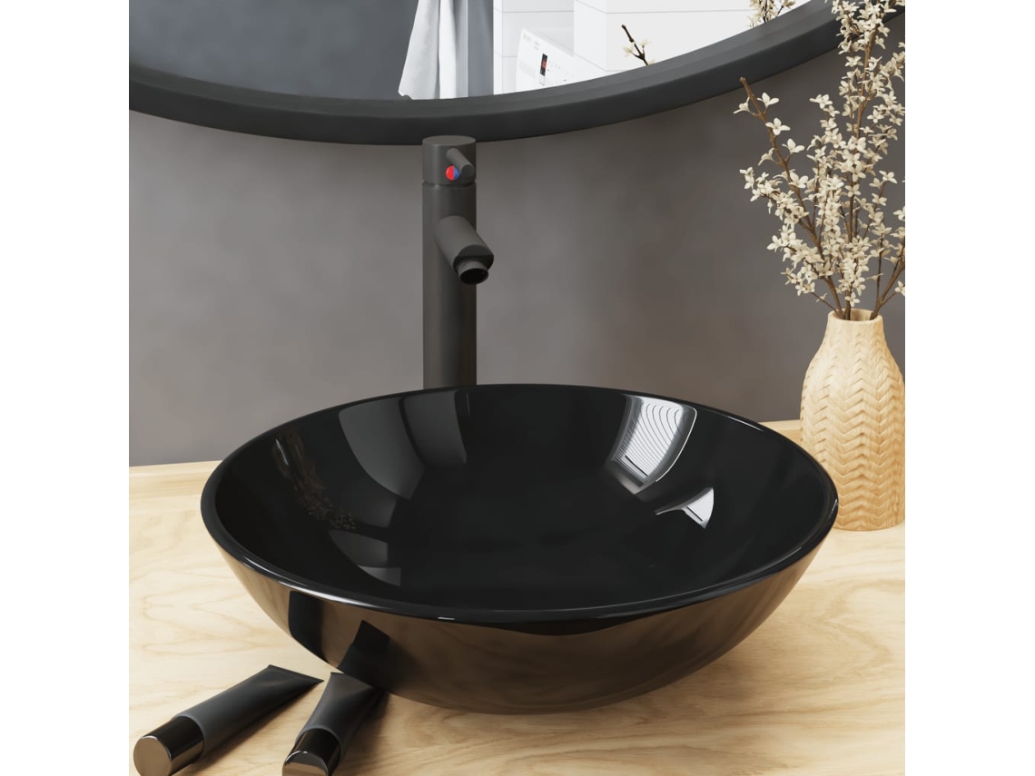 Vidaxl Lavatório Torneira Válvula Click-clack Vidro Temperado Preto