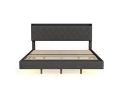 Cama Estofada Em Linho 160x200 Cm - Com Porta De Carregamento Usb E Led - Com Estrado - Cinzento
