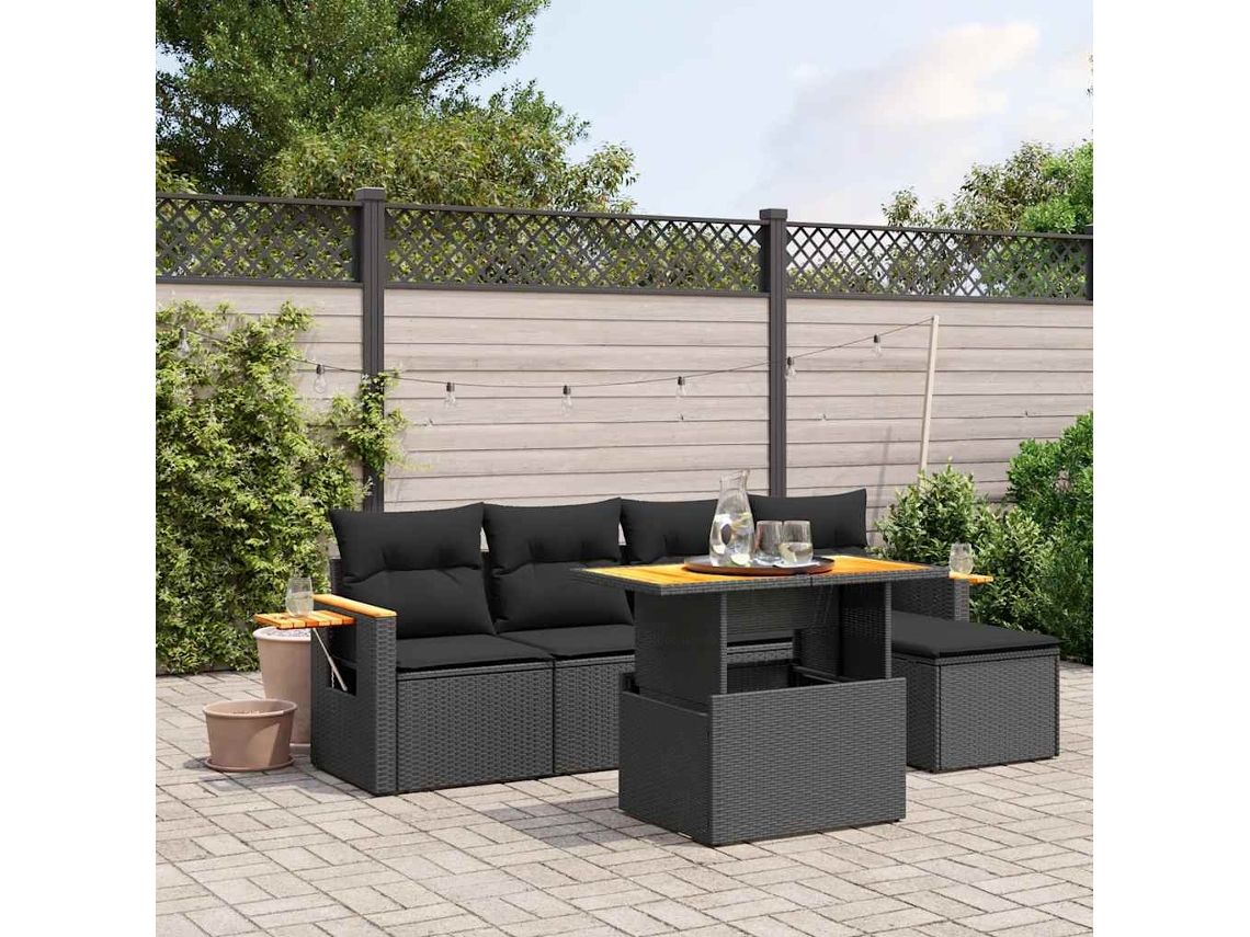 Vidaxl 6 Pcs Conjunto Sofás De Jardim C/ Almofadões Vime Pe Preto
