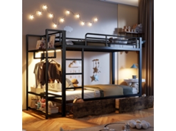 Beliche Ferro 90x200 2 Gavetas Prateleiras Led Varão Roupas Preto