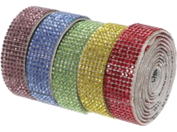 5 rolos de fita adesiva resistente com imitação de pedras preciosas para decoração artesanal em têxteis e calçados.