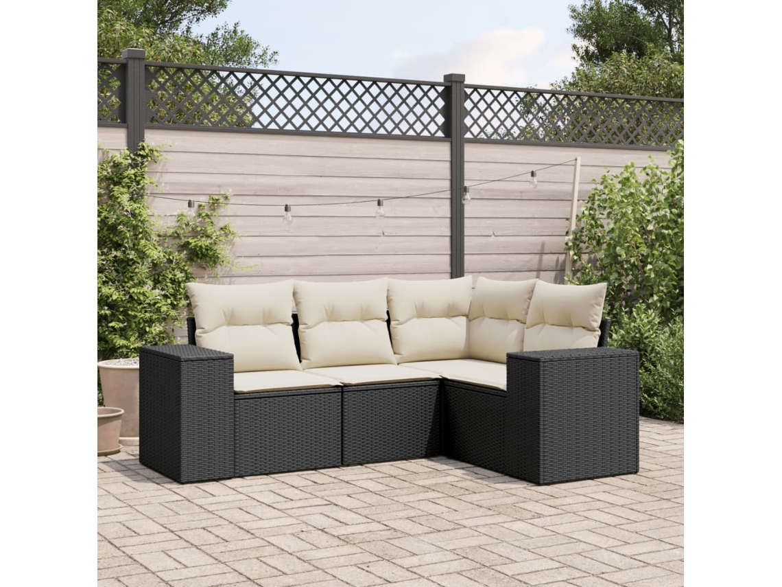 4 Pcs Conjunto de Móveis de Jardim - Conjunto de Sofás para Jardim C/ Almofadões Vime Pe Preto HARLANV1