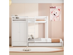 Beliche De Madeira Maciça 90x200 Cm Com Cama Auxiliar, Guarda-roupa, Gavetas E Prateleira, Cama Infantil Multifuncional, Branca