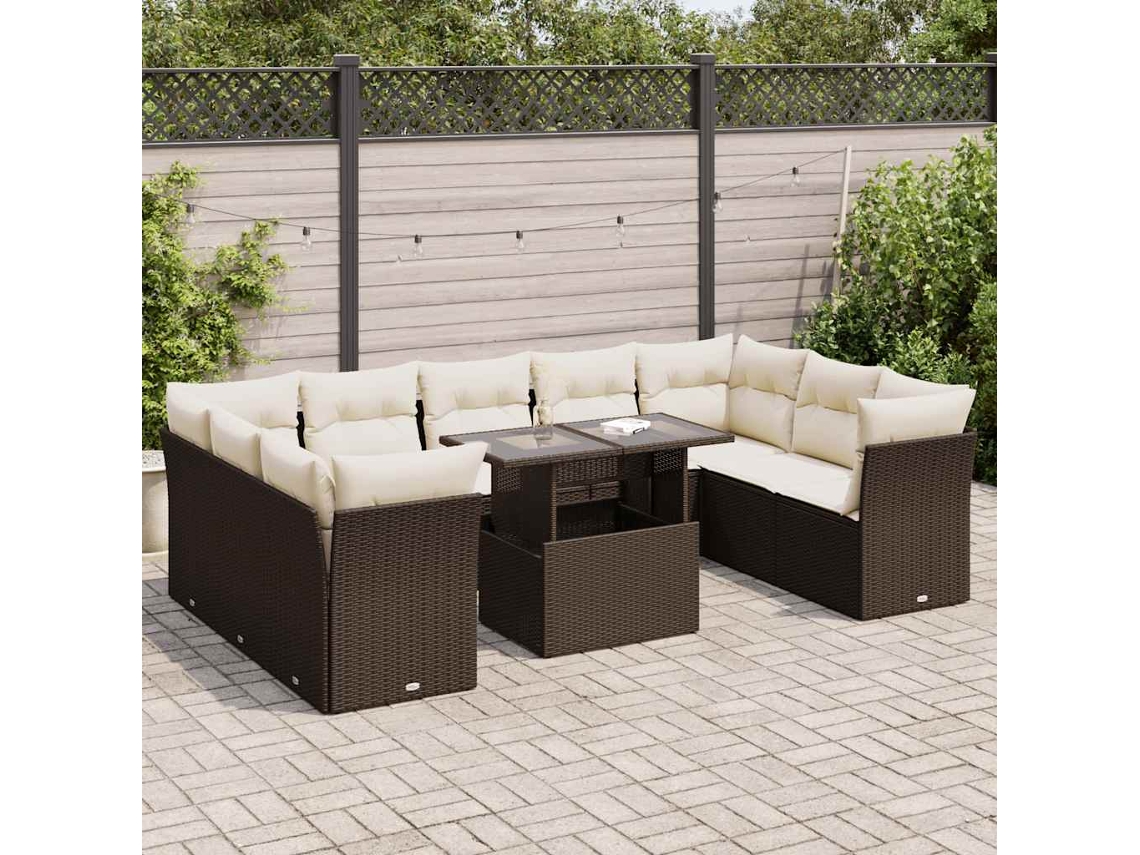 Vidaxl 10 Pcs Conj. Sofás Jardim Com Almofadões Vime Pe Castanho
