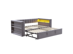 Cama Estofada De 90/180 × 190 Cm, Com Iluminação Led, Tomadas E Amplo Espaço De Armazenamentocama Estofada, Sofá-cama Multifuncional,cinza Escuro
