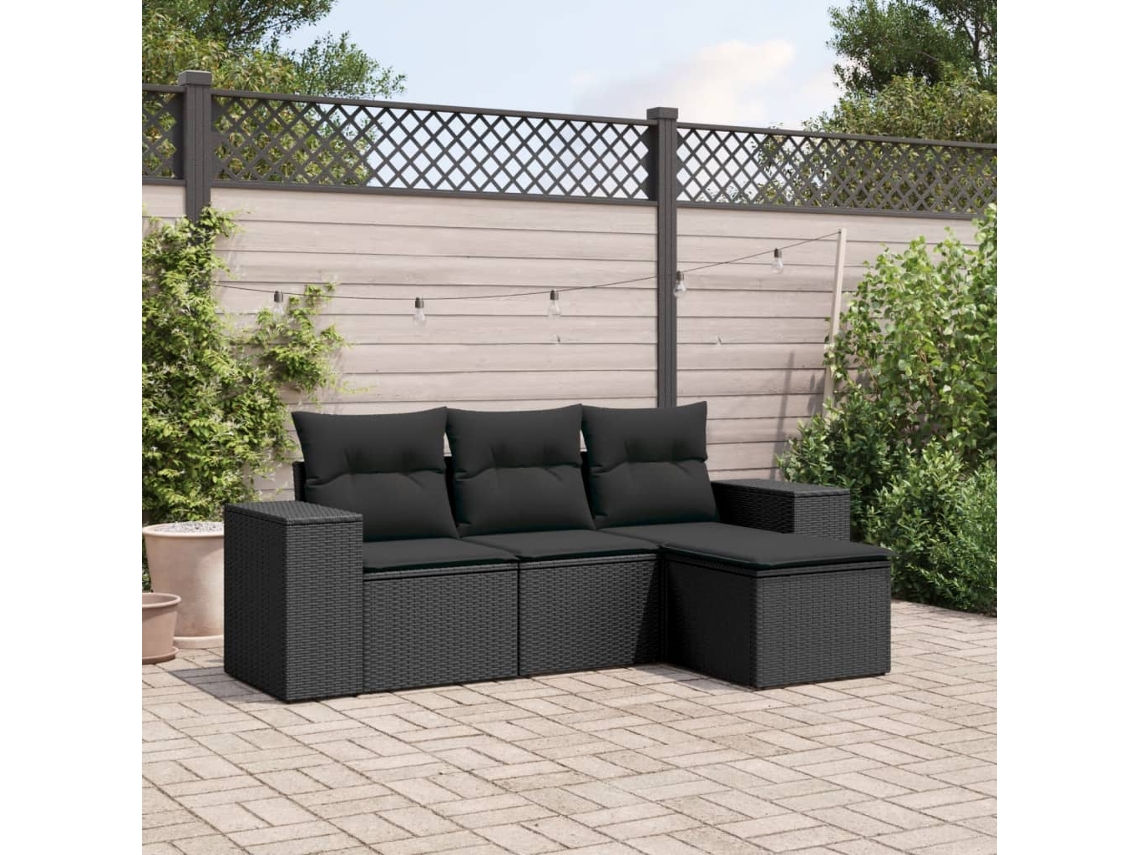 4 Pcs Conjunto De Sofá Para Jardim C/ Almofadões Vime Pe Preto Dkd Home Decor