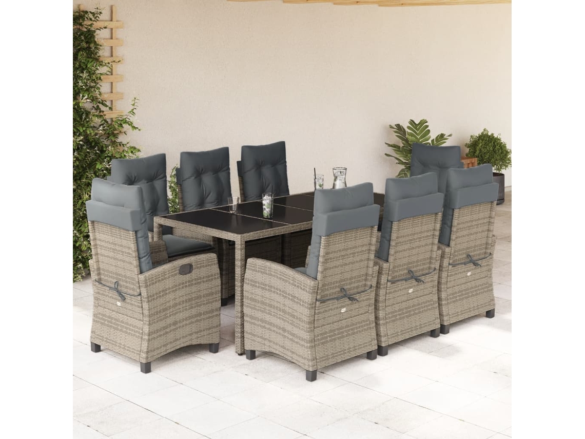 Vidaxl 9 Pcs Conjunto De Jantar P/ Jardim C/ Almofadões Vime Pe Cinza